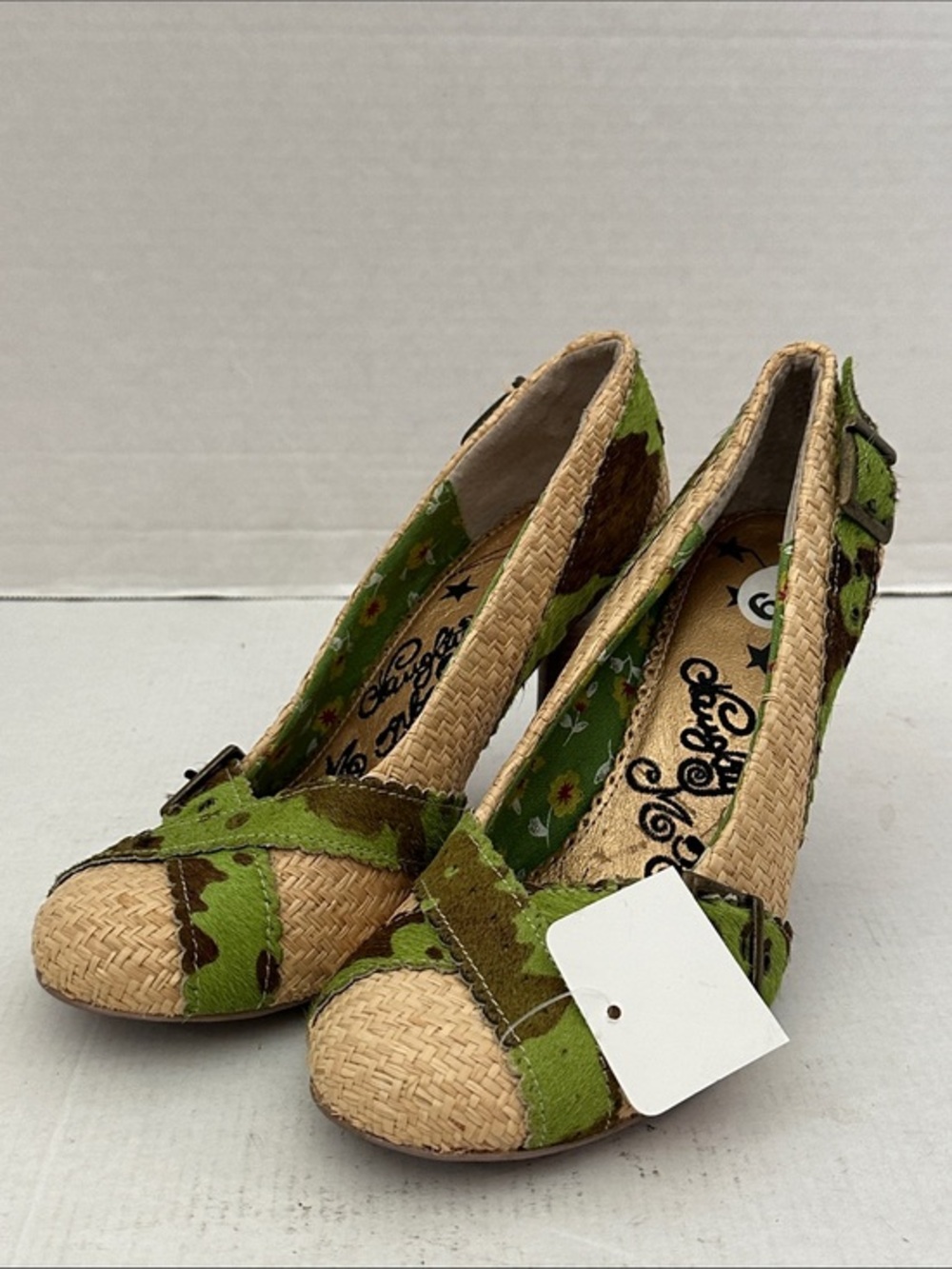 Naughty Monkey green cow hide and woven raffia heels Green and Natural Woven 6.5